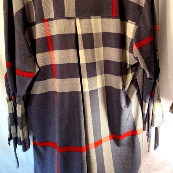 LILDY Womens L-XL Gray Red Line Plaid Pullover Blouse Shirt w/Bell Sleeves - Picture 7 of 14